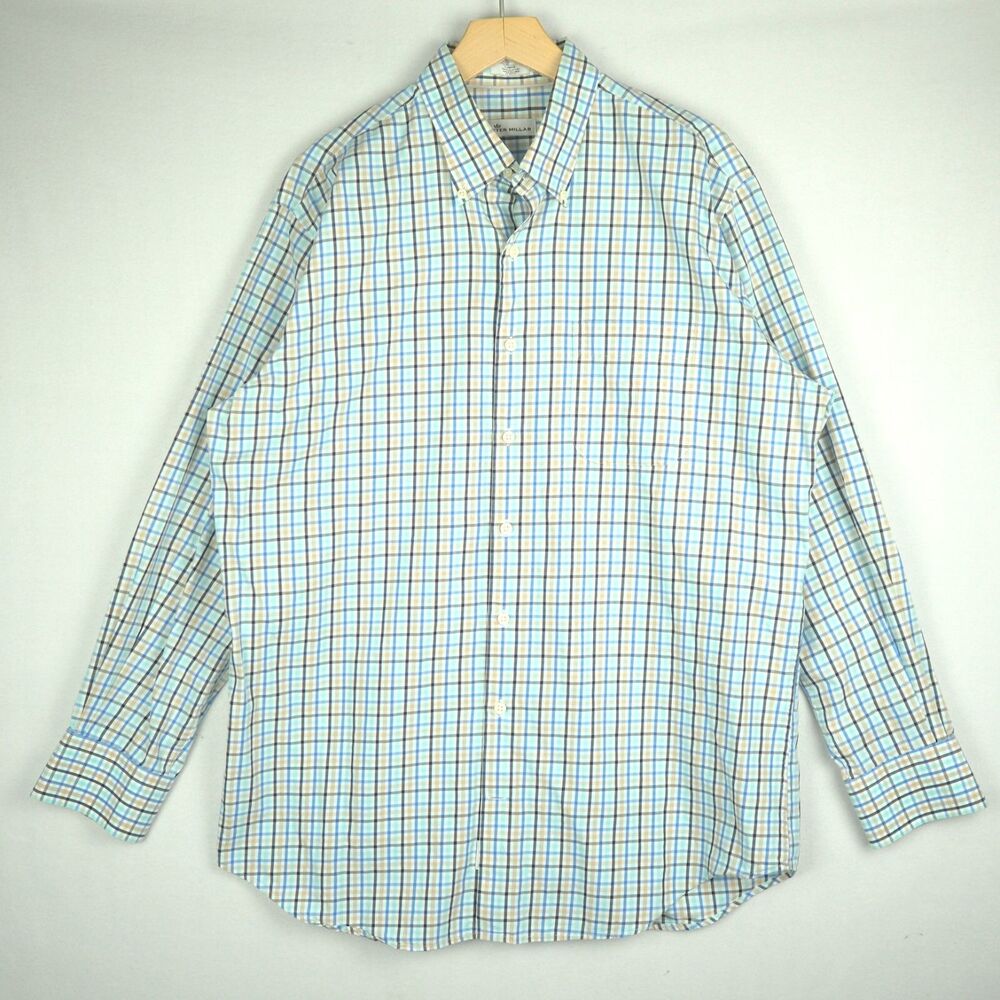 Peter Millar Gingham Plaid Cotton Shirt Mens L Blue White Long Sleeve Button Up